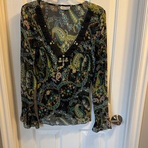 Elegant Sheer Paisley Blouse - Black and Green